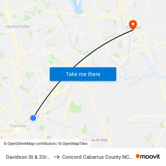 Davidson St & 33rd St to Concord Cabarrus County NC USA map