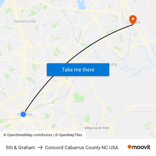 5th & Graham to Concord Cabarrus County NC USA map