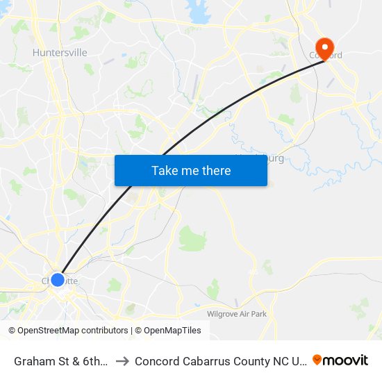 Graham St & 6th St to Concord Cabarrus County NC USA map