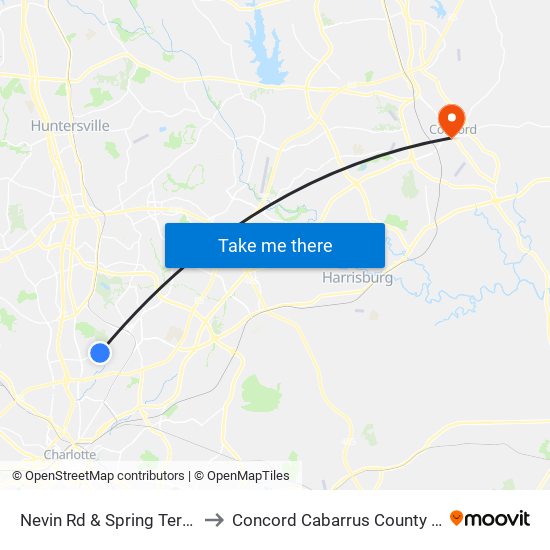 Nevin Rd & Spring Terrace Ln to Concord Cabarrus County NC USA map