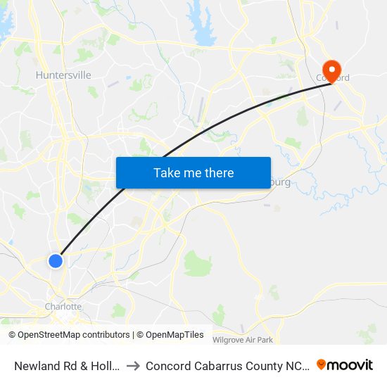 Newland Rd & Holly St to Concord Cabarrus County NC USA map