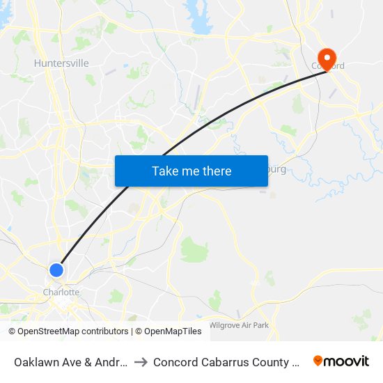 Oaklawn Ave & Andrill Ter to Concord Cabarrus County NC USA map