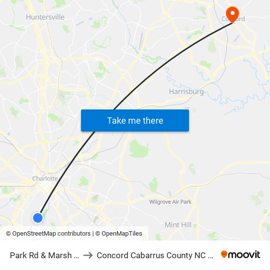 Park Rd & Marsh Rd to Concord Cabarrus County NC USA map