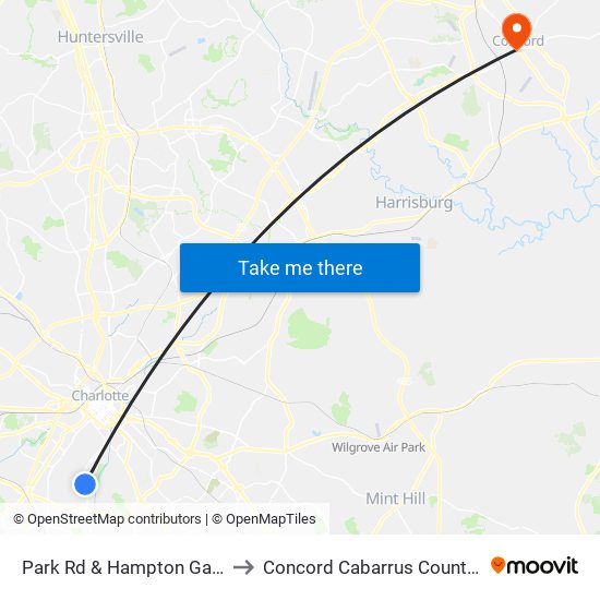 Park Rd & Hampton Gardens Ln to Concord Cabarrus County NC USA map