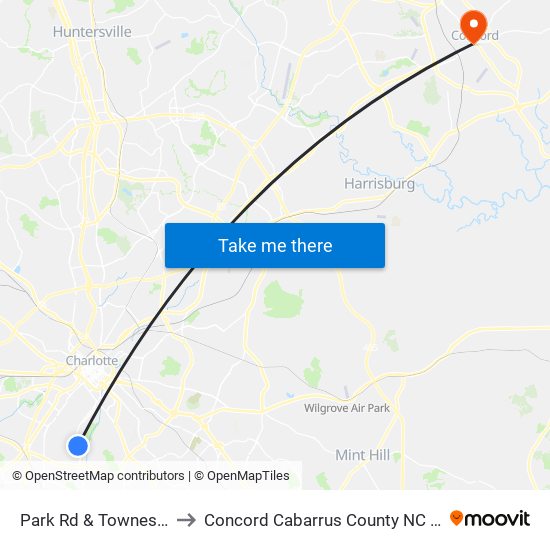 Park Rd & Townes Rd to Concord Cabarrus County NC USA map