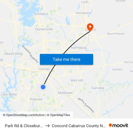 Park Rd & Closeburn Rd to Concord Cabarrus County NC USA map