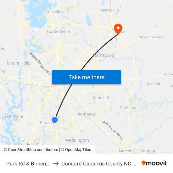 Park Rd & Birnen Dr to Concord Cabarrus County NC USA map