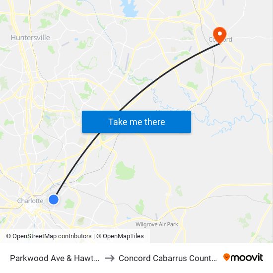 Parkwood Ave & Hawthorne Ln to Concord Cabarrus County NC USA map