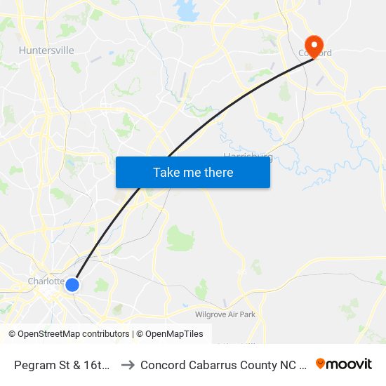 Pegram St & 16th St to Concord Cabarrus County NC USA map