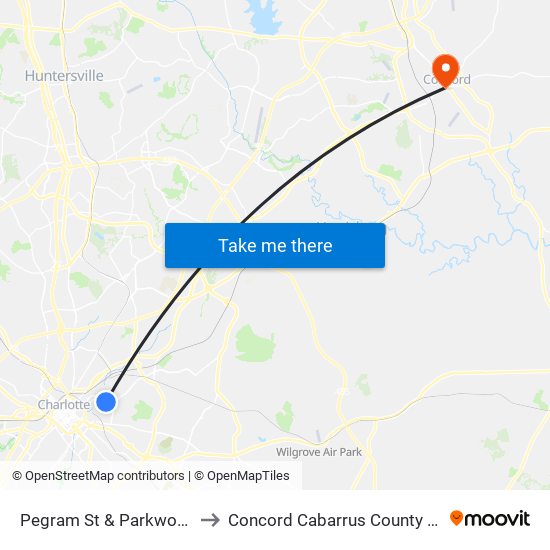 Pegram St & Parkwood Ave to Concord Cabarrus County NC USA map