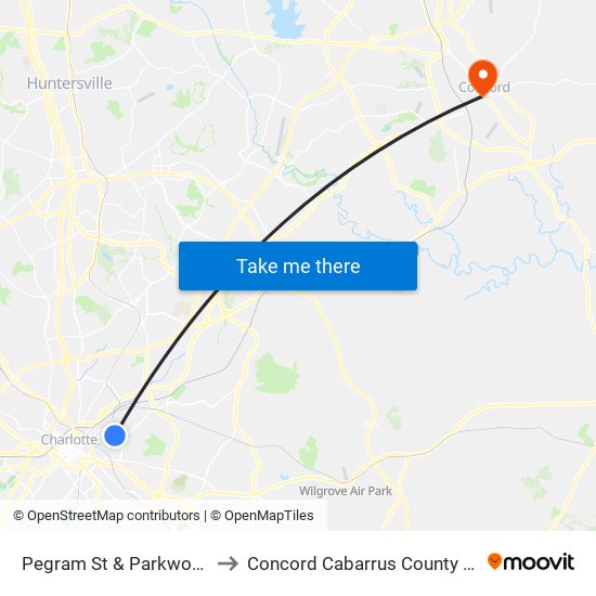 Pegram St & Parkwood Ave to Concord Cabarrus County NC USA map