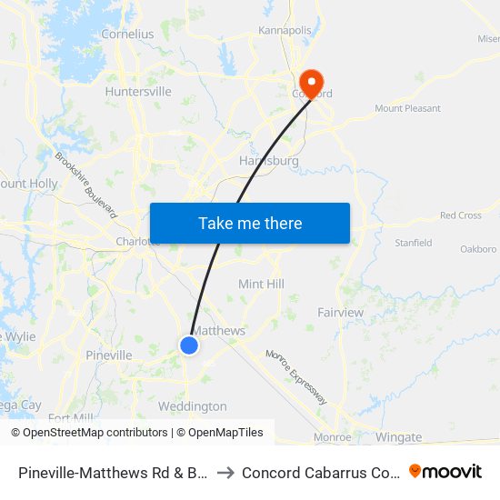 Pineville-Matthews Rd & Beverly Crest Bv to Concord Cabarrus County NC USA map