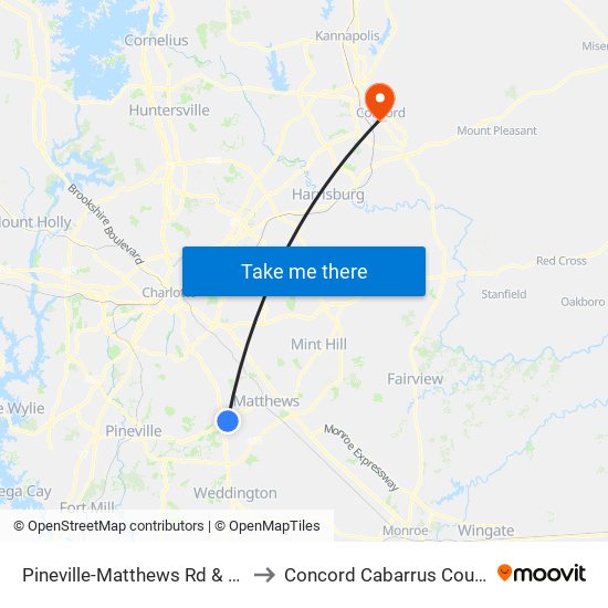 Pineville-Matthews Rd & Beckmore Pl to Concord Cabarrus County NC USA map