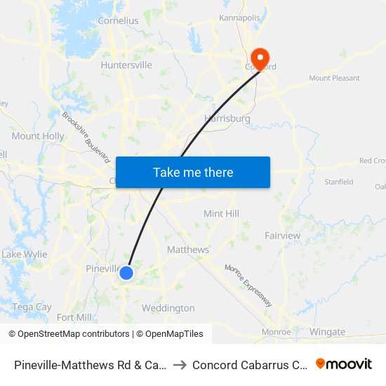 Pineville-Matthews Rd & Carmel Executive Dr to Concord Cabarrus County NC USA map