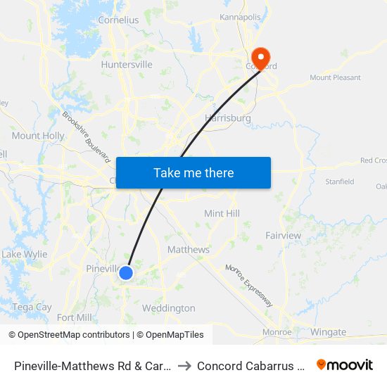 Pineville-Matthews Rd & Carmel Commons Blvd to Concord Cabarrus County NC USA map