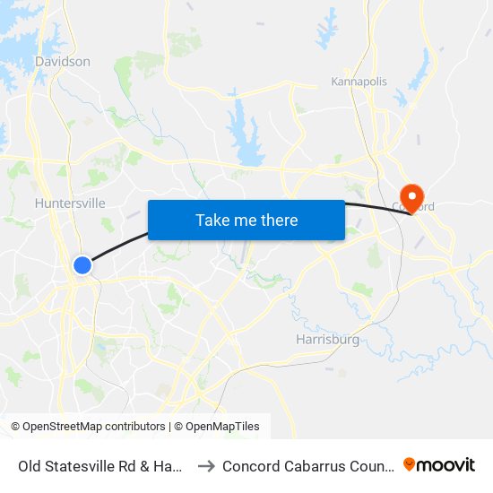 Old Statesville Rd & Hambright Rd to Concord Cabarrus County NC USA map