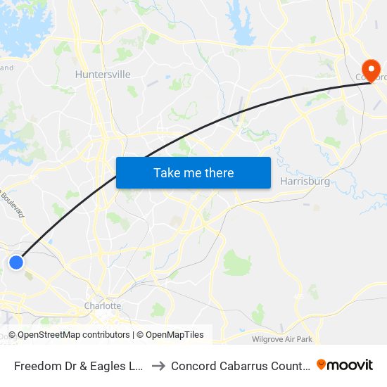 Freedom Dr & Eagles Landing Dr to Concord Cabarrus County NC USA map