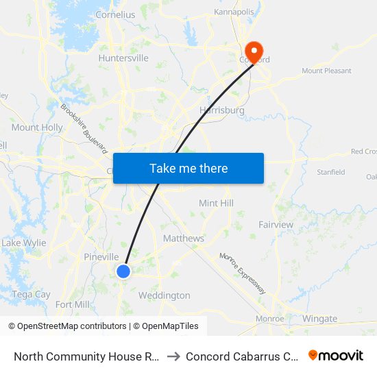 North Community House Rd & Johnston Rd to Concord Cabarrus County NC USA map