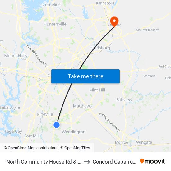 North Community House Rd & Ballantyne Commons Pkwy to Concord Cabarrus County NC USA map