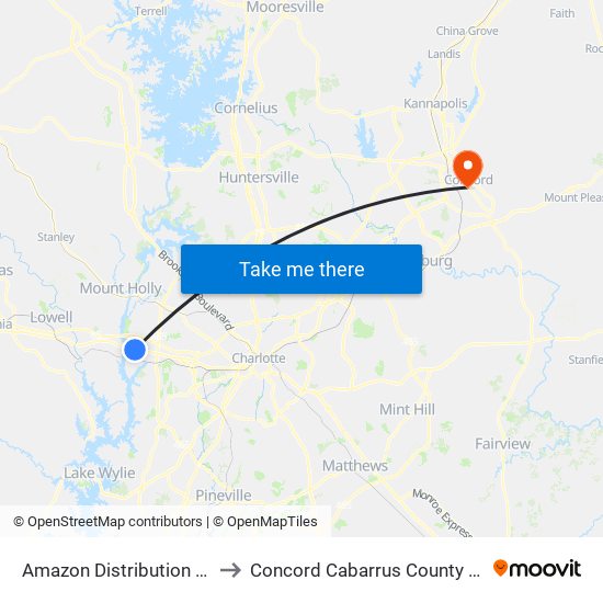 Amazon Distribution Center to Concord Cabarrus County NC USA map