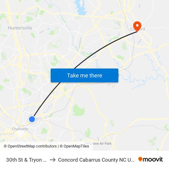 30th St & Tryon St to Concord Cabarrus County NC USA map