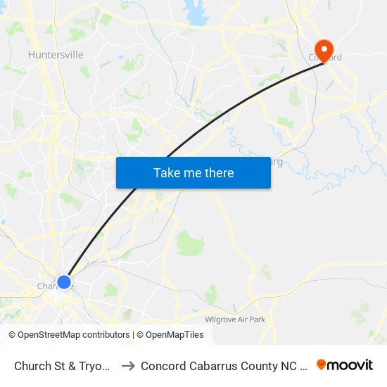 Church St & Tryon St to Concord Cabarrus County NC USA map