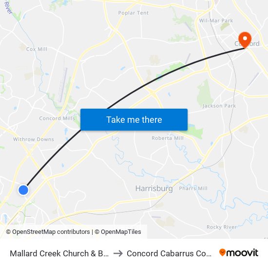 Mallard Creek Church & Berkeley Place to Concord Cabarrus County NC USA map