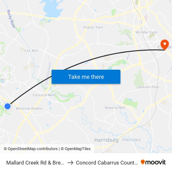 Mallard Creek Rd & Breezewood to Concord Cabarrus County NC USA map