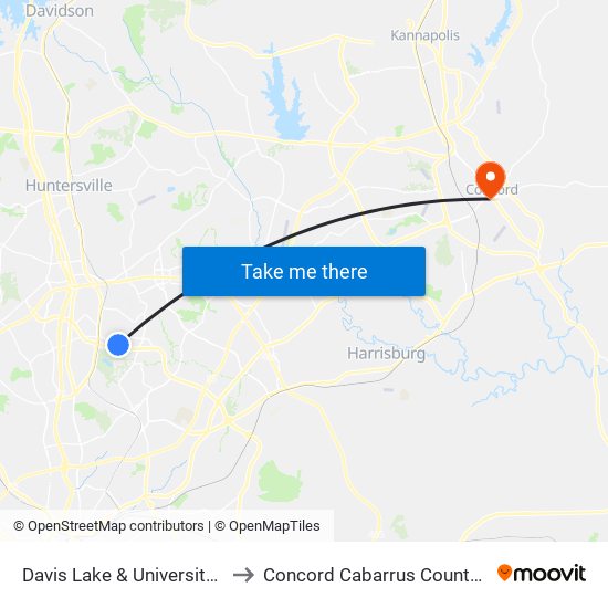 Davis Lake & University Station to Concord Cabarrus County NC USA map