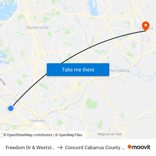 Freedom Dr & Weststone Dr to Concord Cabarrus County NC USA map