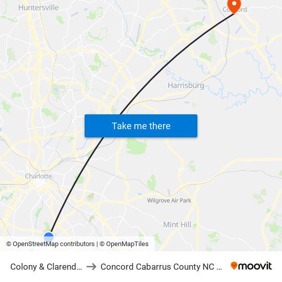 Colony & Clarendon to Concord Cabarrus County NC USA map