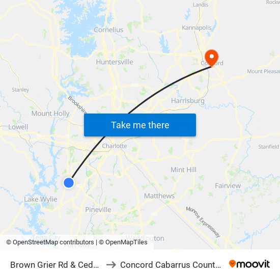 Brown Grier Rd & Cedar Hill Dr to Concord Cabarrus County NC USA map