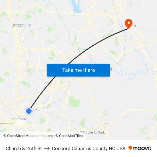 Church & 26th St to Concord Cabarrus County NC USA map
