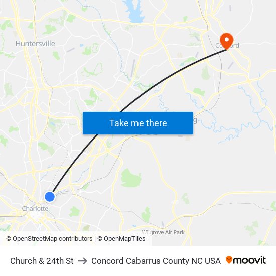 Church & 24th St to Concord Cabarrus County NC USA map