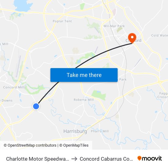Charlotte Motor Speedway (Outbound) to Concord Cabarrus County NC USA map