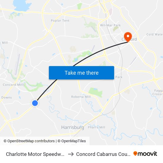 Charlotte Motor Speedway (Inbound) to Concord Cabarrus County NC USA map