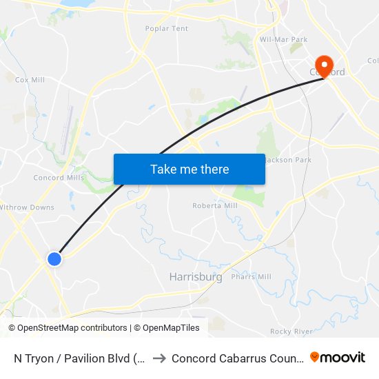 N Tryon / Pavilion Blvd (Outbound) to Concord Cabarrus County NC USA map