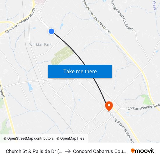 Church St & Paliside Dr (Outbound) to Concord Cabarrus County NC USA map