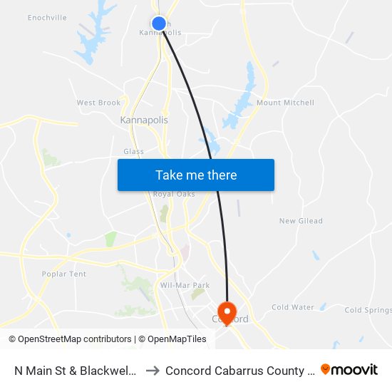 N Main St & Blackwelder Ave to Concord Cabarrus County NC USA map