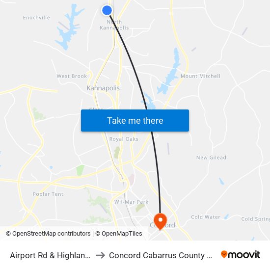 Airport Rd & Highland Ave to Concord Cabarrus County NC USA map