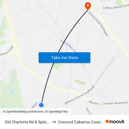 Old Charlotte Rd & Splicewood Dr to Concord Cabarrus County NC USA map