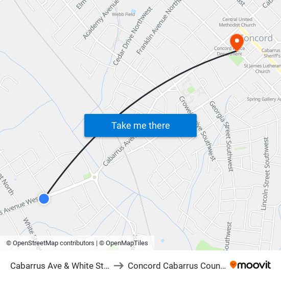 Cabarrus Ave & White St (Inbound) to Concord Cabarrus County NC USA map