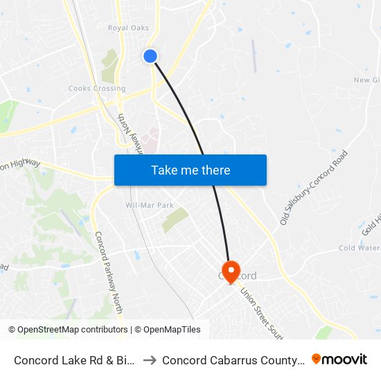 Concord Lake Rd & Bishop Ln to Concord Cabarrus County NC USA map