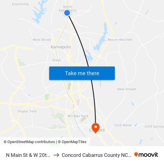 N Main St & W 20th St to Concord Cabarrus County NC USA map