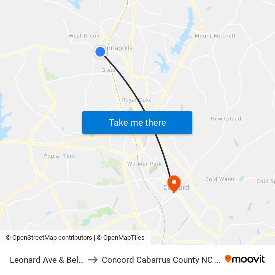 Leonard Ave & Bell St to Concord Cabarrus County NC USA map