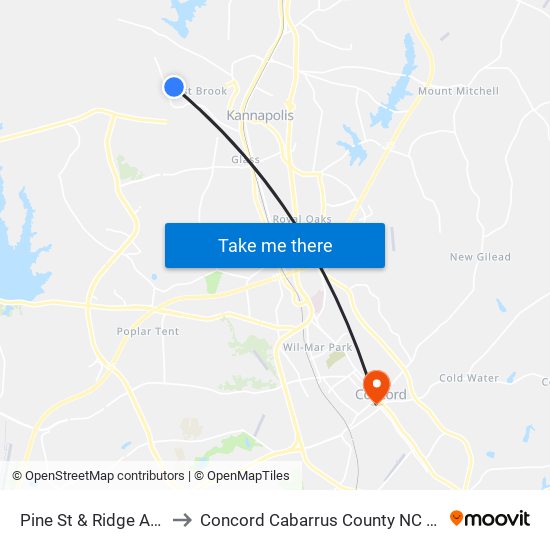 Pine St & Ridge Apts to Concord Cabarrus County NC USA map