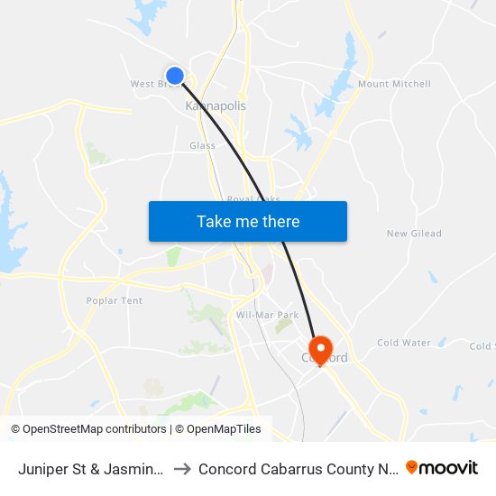 Juniper St & Jasmine Ave to Concord Cabarrus County NC USA map