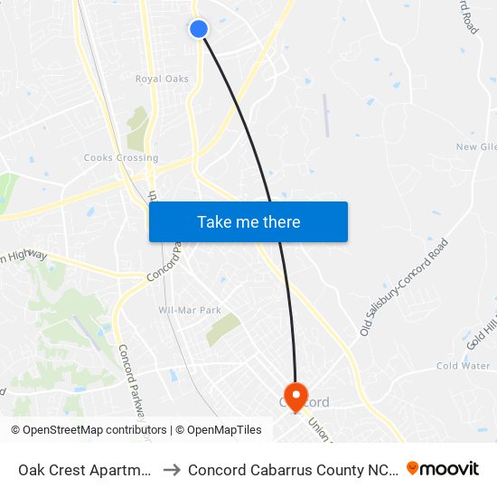 Oak Crest Apartments to Concord Cabarrus County NC USA map