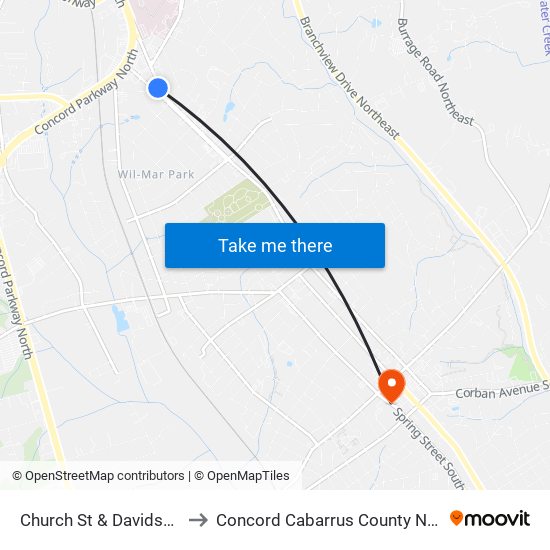 Church St & Davidson Dr to Concord Cabarrus County NC USA map