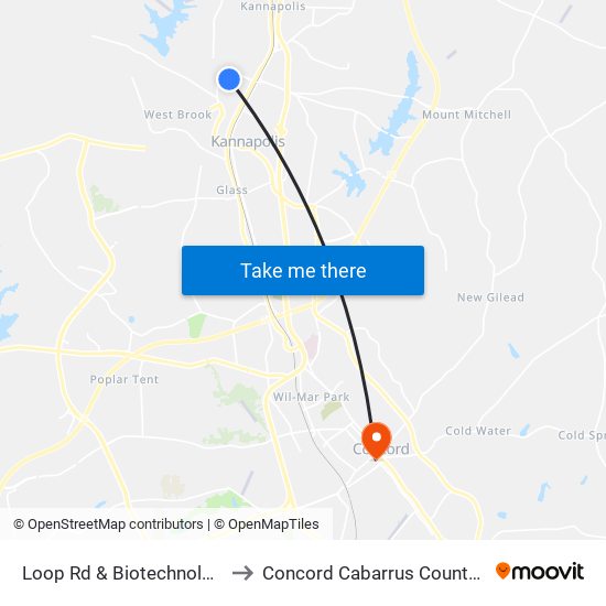 Loop Rd & Biotechnology Lane to Concord Cabarrus County NC USA map